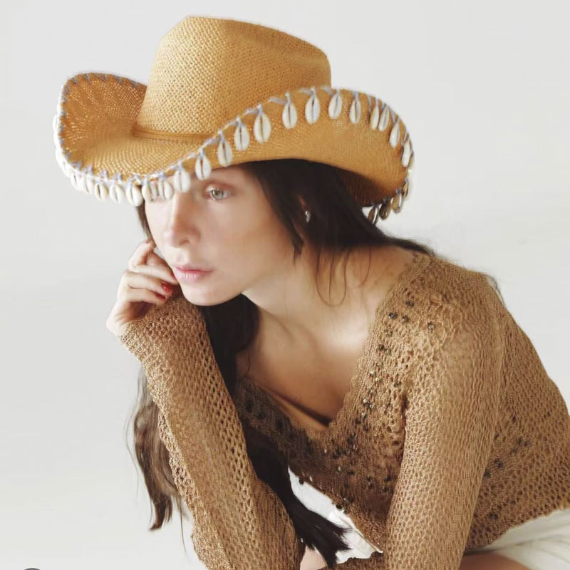 Cowboy Hat Straw - Shell Decor Beach Hat, Summer Seaside