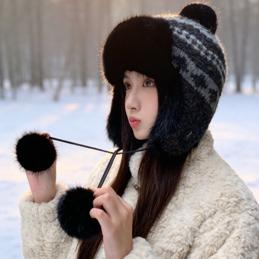 Trapper Hat Ear Flap - Stylish Polyester Knitted Trapper Hat Pom